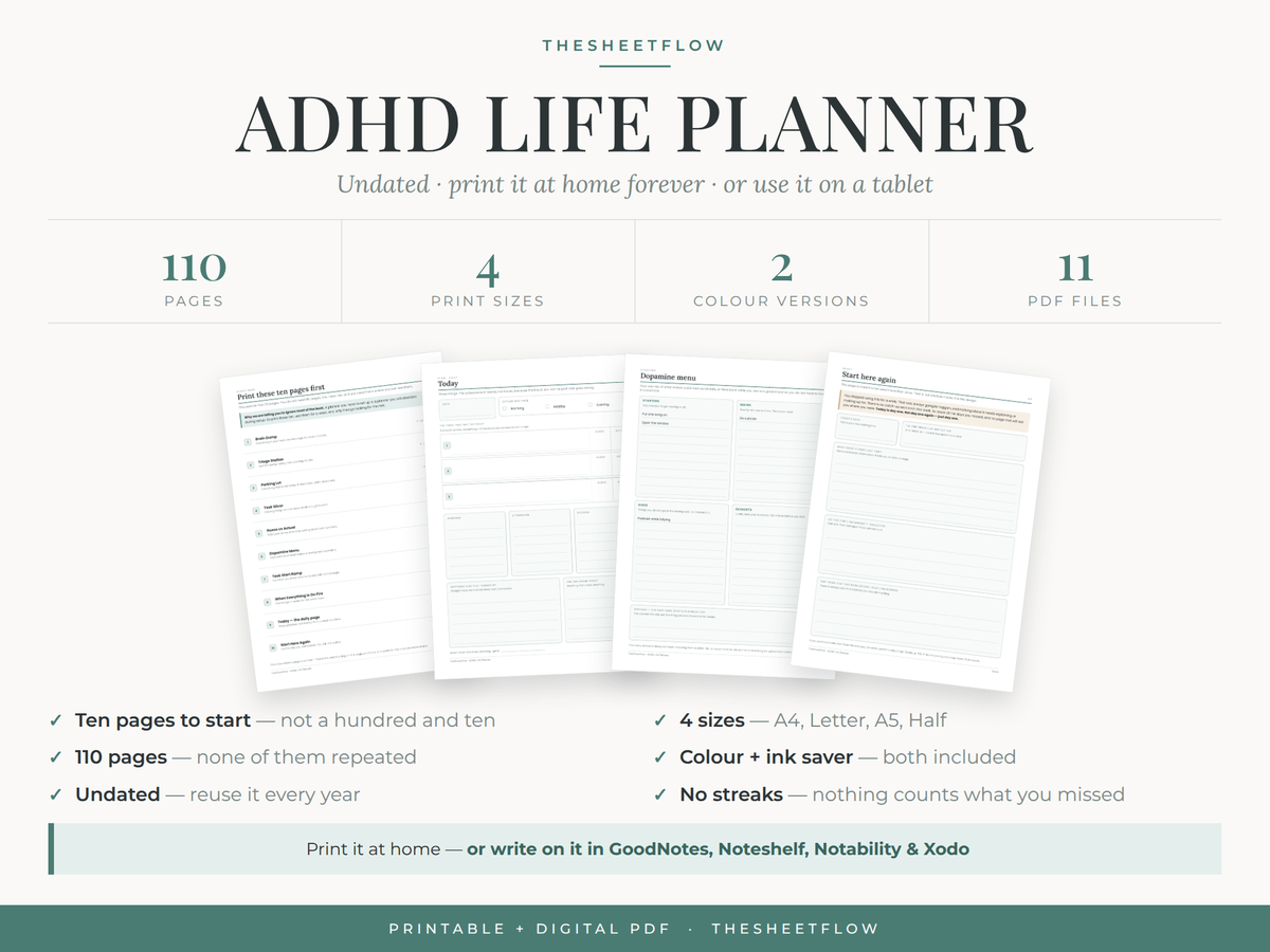 ADHD Life Planner — undated 110-page printable ADHD planner