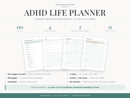 ADHD Life Planner — undated 110-page printable ADHD planner
