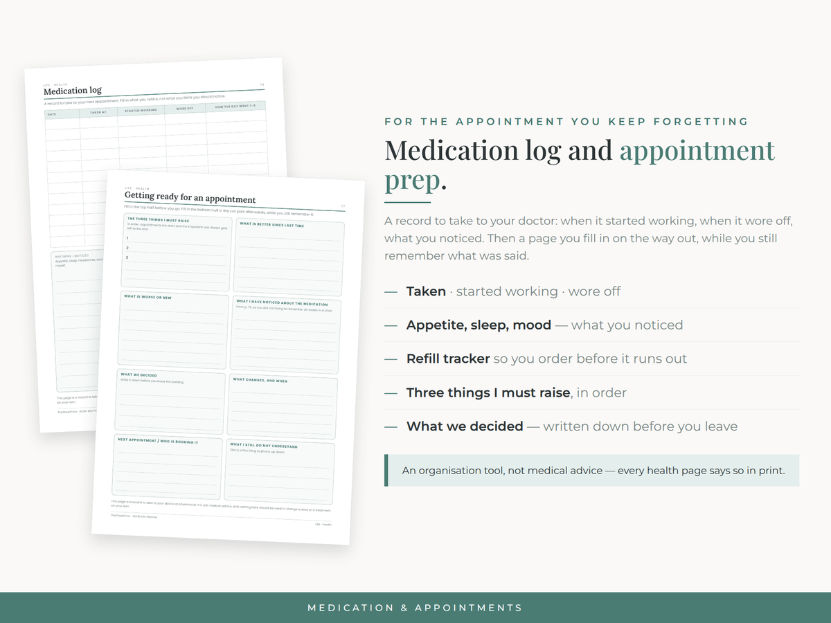 Medication log and appointment prep pages