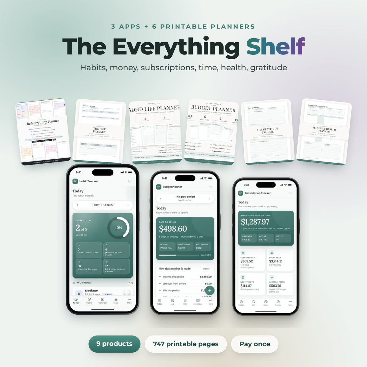 Three app iPhones in front of six printable planner covers