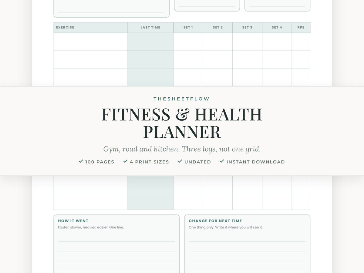 Fitness and Health Planner — undated 100-page printable workout and food log