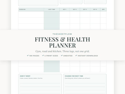 Fitness and Health Planner — undated 100-page printable workout and food log