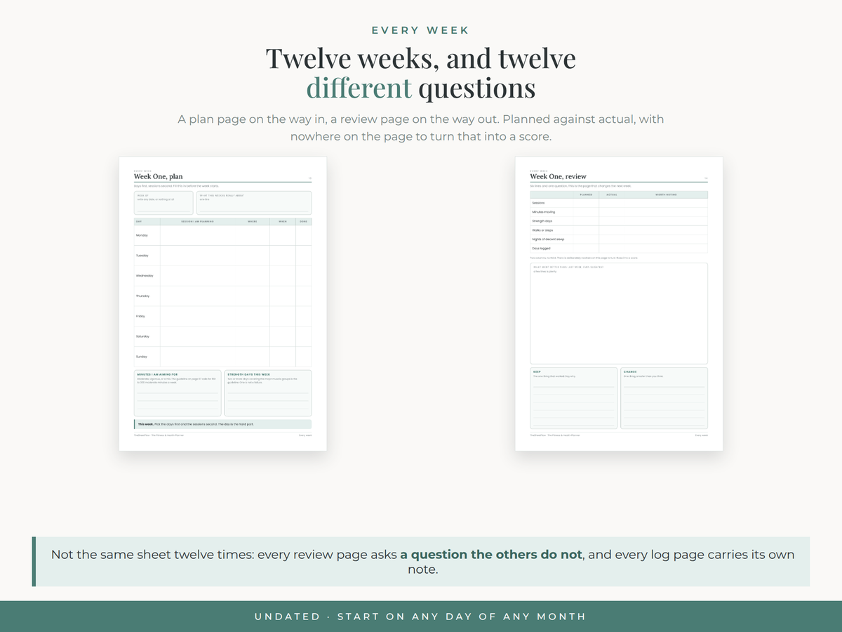 Twelve weeks — a plan page and a review page each