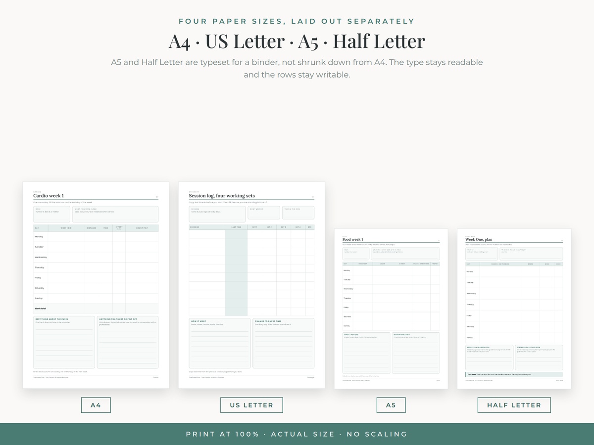 Four paper sizes — A4, US Letter, A5 and Half Letter