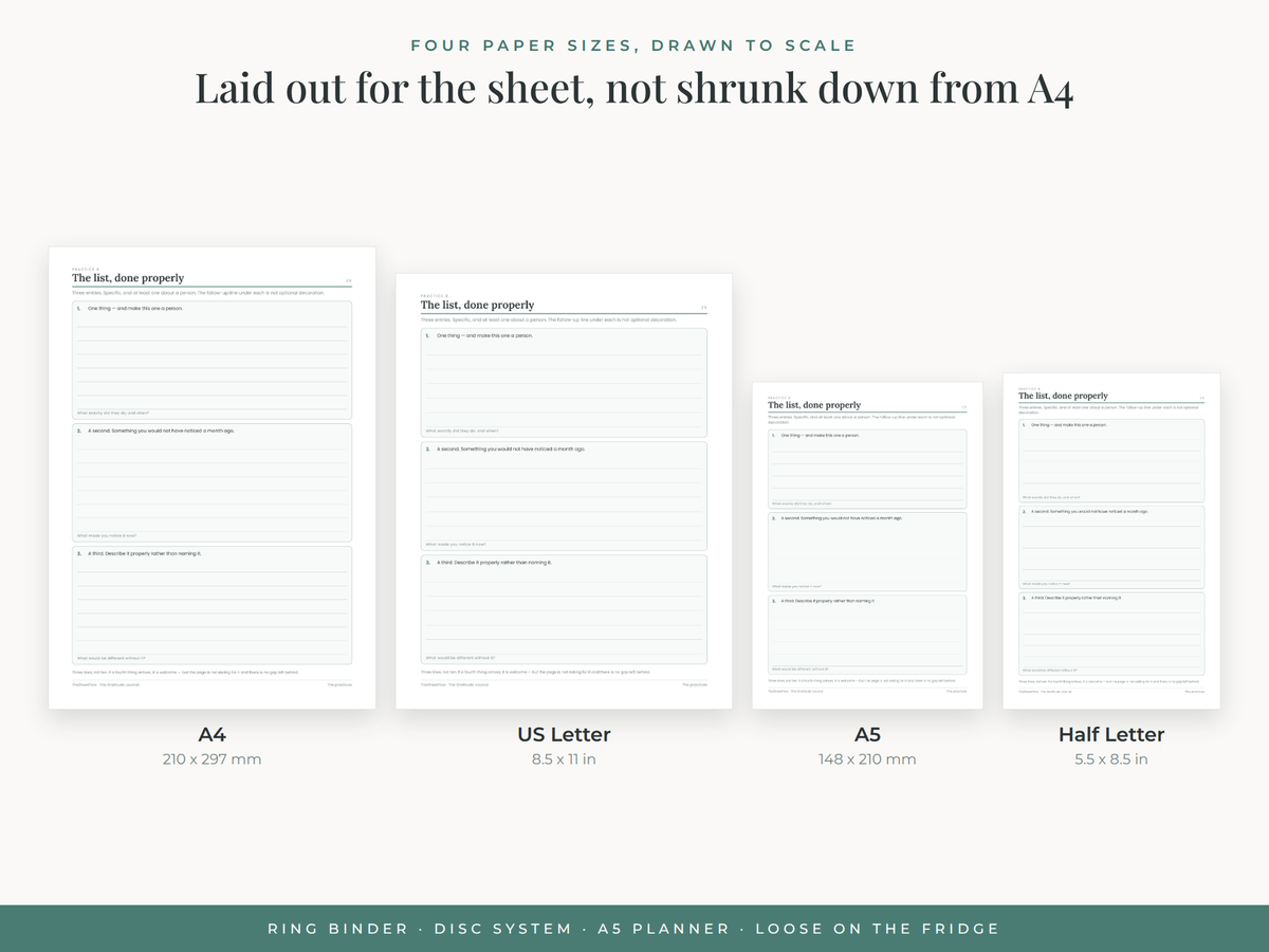 Four paper sizes — A4, US Letter, A5 and Half Letter
