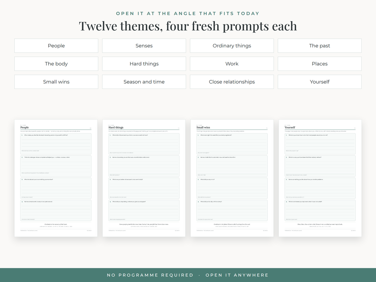 Twelve themes — open it at the angle that fits today