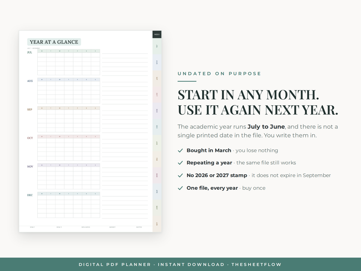 Undated, academic year July to June — use it again next year
