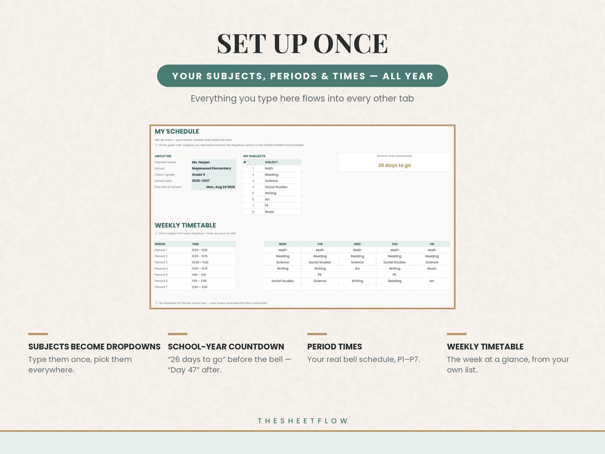 Schedule tab — subjects, weekly timetable and school-year countdown