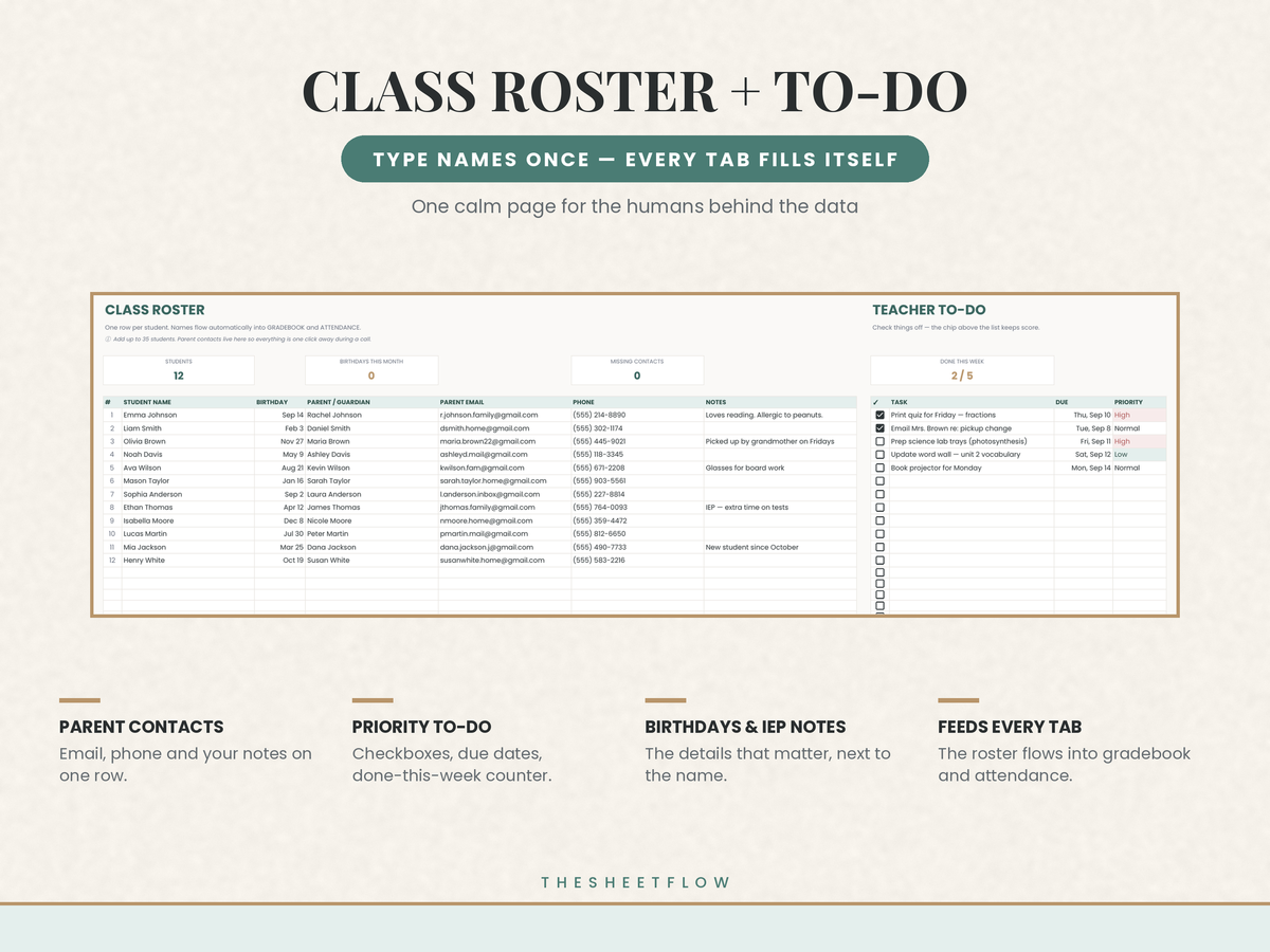 Students and to-do tab — class list, parent contacts and priorities