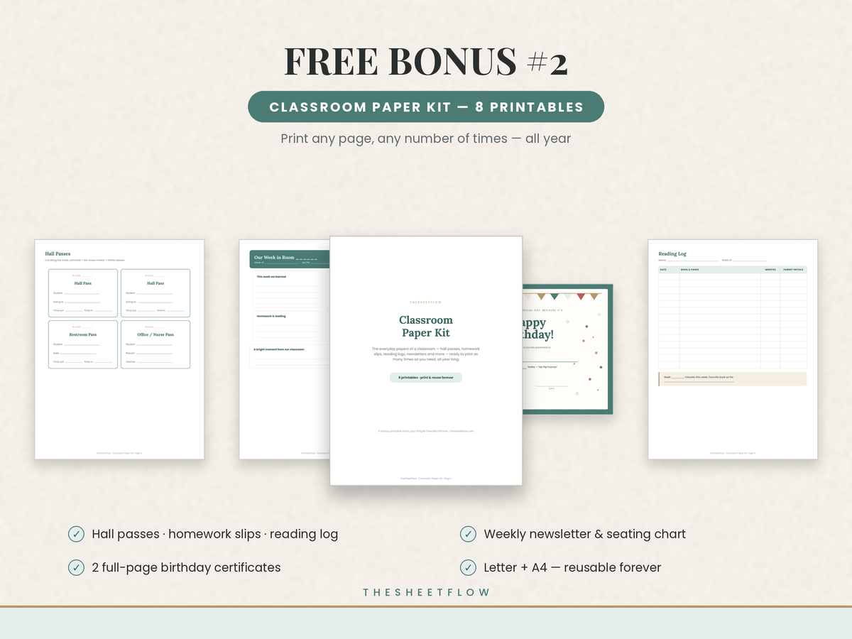 Bonus — classroom paper kit with eight everyday printables